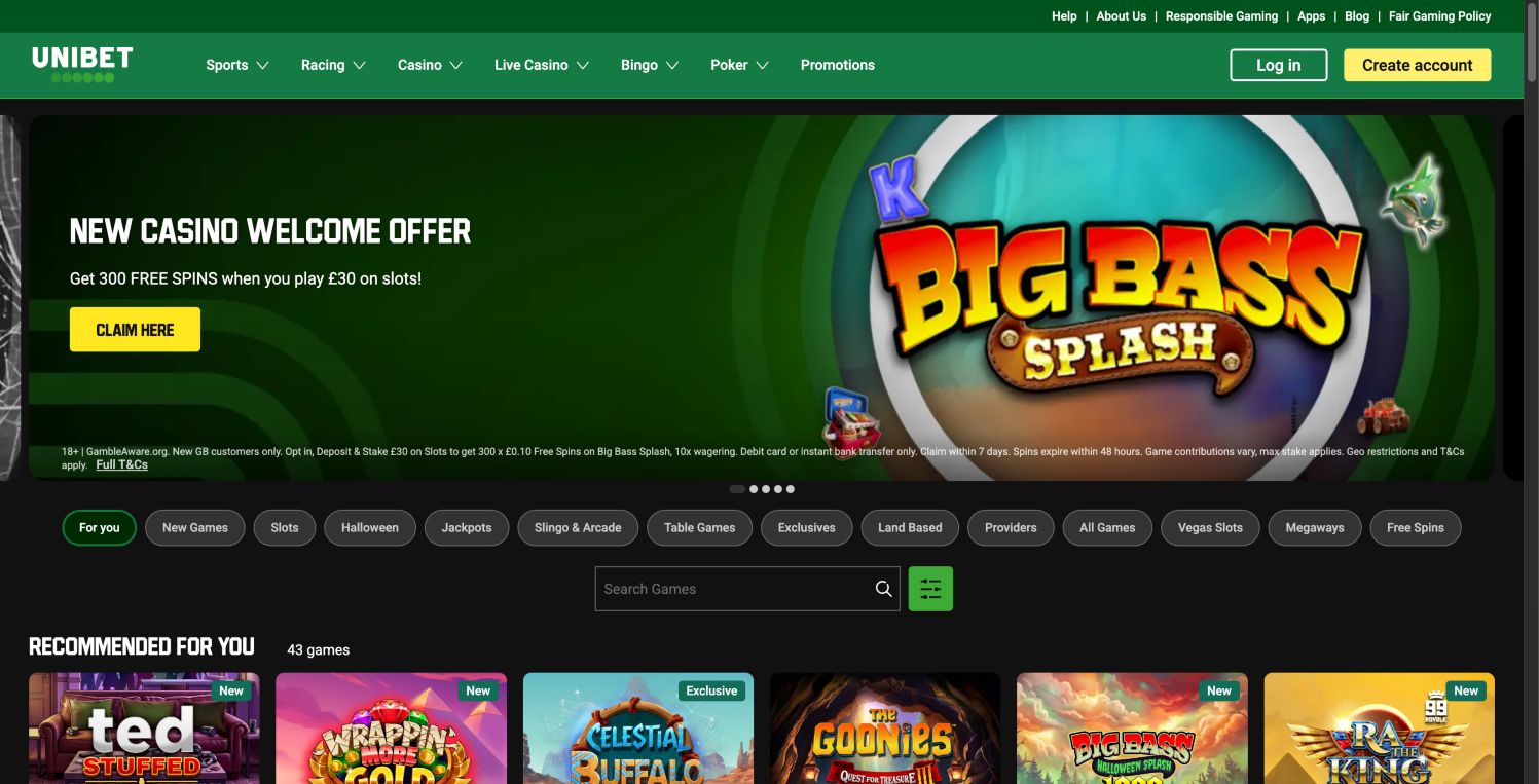 Unibet UK casino page, captured 29 October 2026